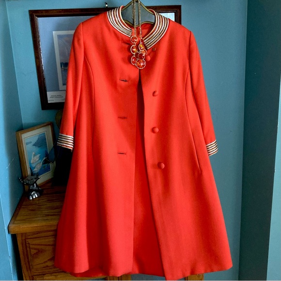 Vintage Jackets & Blazers - Vintage Bellciano orange sleeveless Coat 3/4 sleeve metallic trim
